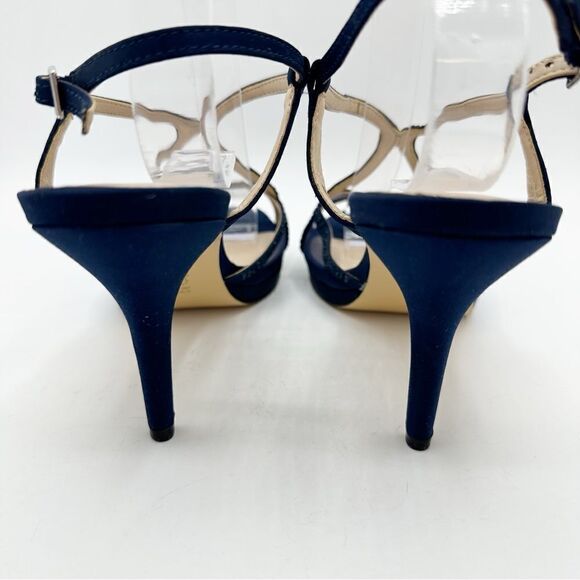 Nina Navy Blue Satin Blossom Slingback Crystal Open Toe Evening Sandal Prom 8.5 - Picture 6 of 14